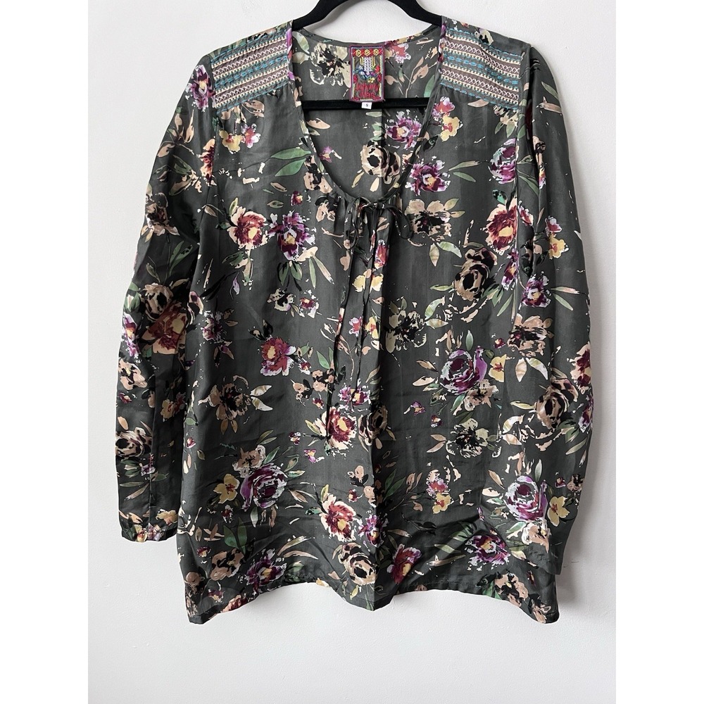 Johnny Was Silky Embroidered Peasant Blouse Size S Green Floral Tie Neck